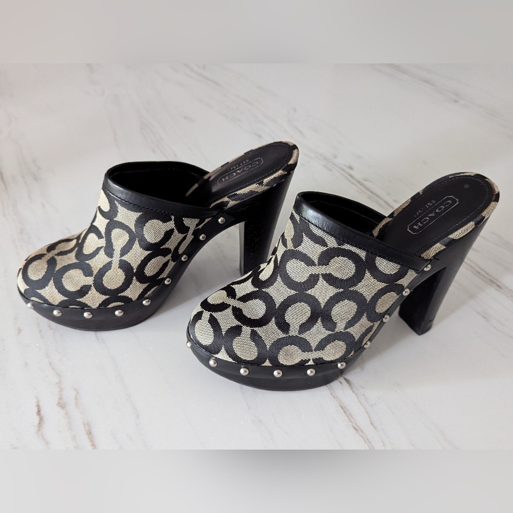 Coach Signature Canvas Mule Clogs - Black & Tan With C Monogram - Picture 1 of 16